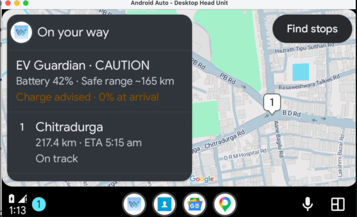 Wayvo Android Auto emulator preview with EV Guardian guidance and journey summary